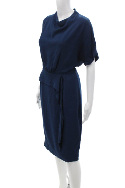 Reiss Women Sheath Dress Dark Blue High Neck Button Short Sleeve Size 0