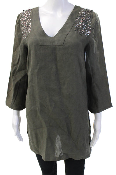 Domenico Vacca Women Linen V-Neck Tunic 3/4 Sleeve Button Solid Green Size 6