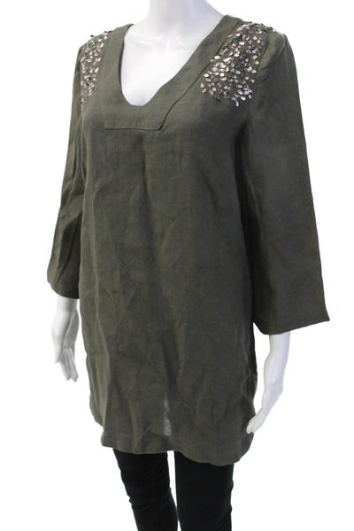 Domenico Vacca Women Linen V-Neck Tunic 3/4 Sleeve Button Solid Green Size 6
