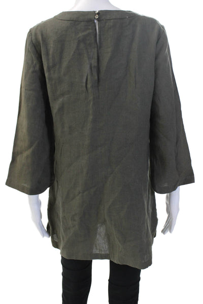 Domenico Vacca Women Linen V-Neck Tunic 3/4 Sleeve Button Solid Green Size 6