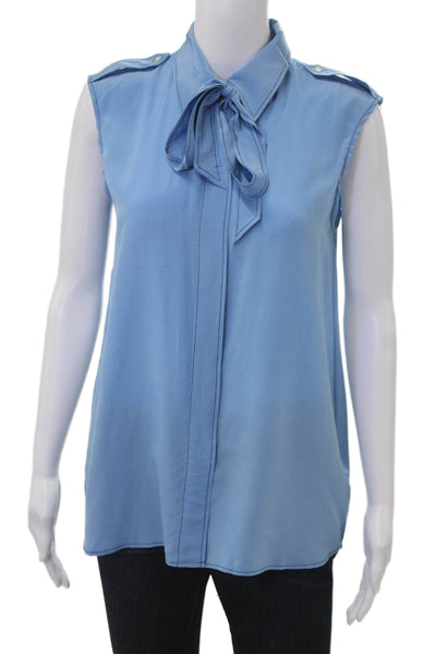 Sandro Women Collared Sleeveless 100% Silk Solid Blue Blouse Size S