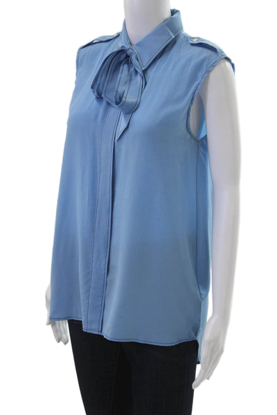 Sandro Women Collared Sleeveless 100% Silk Solid Blue Blouse Size S