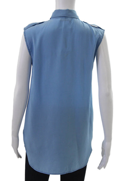 Sandro Women Collared Sleeveless 100% Silk Solid Blue Blouse Size S