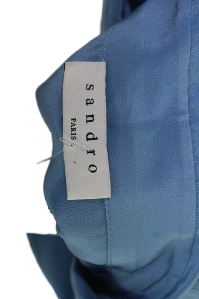 Sandro Women Collared Sleeveless 100% Silk Solid Blue Blouse Size S