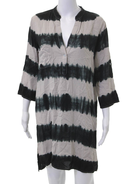 Aakaa Women Kaftan Shirt Dress Beige Striped 3/4 Sleeve Rayon Size S