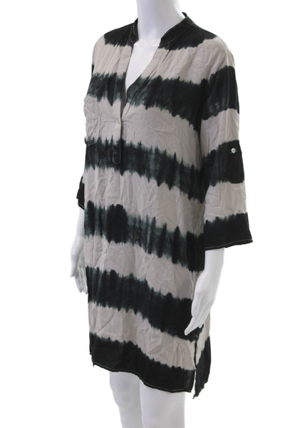 Aakaa Women Kaftan Shirt Dress Beige Striped 3/4 Sleeve Rayon Size S