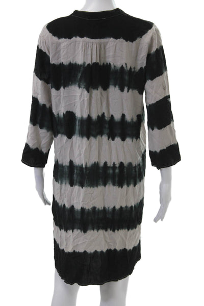 Aakaa Women Kaftan Shirt Dress Beige Striped 3/4 Sleeve Rayon Size S