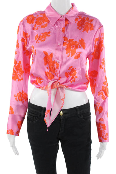 From Future Women Cropped Floral Pink Silk Collared Button-Up Blouse Size 34