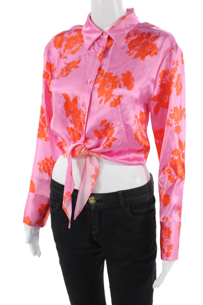 From Future Women Cropped Floral Pink Silk Collared Button-Up Blouse Size 34
