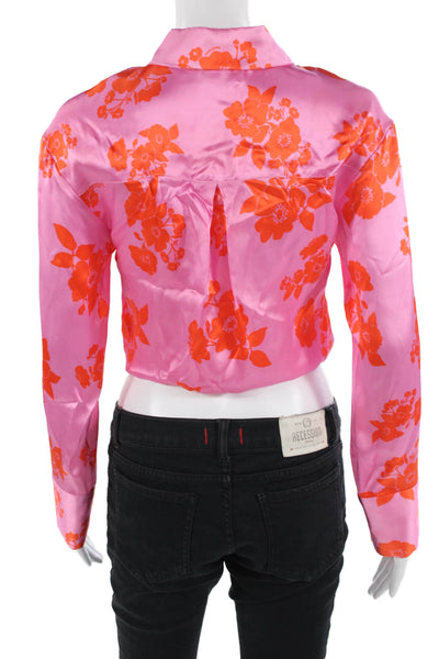 From Future Women Cropped Floral Pink Silk Collared Button-Up Blouse Size 34