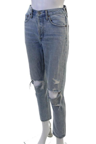 Agolde Unisex Cropped Straight Jeans Light Blue Mid Rise Button Size 24
