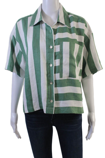 Electric & Rose Women Cropped Button-Up Green Linen Short Sleeve Size XS