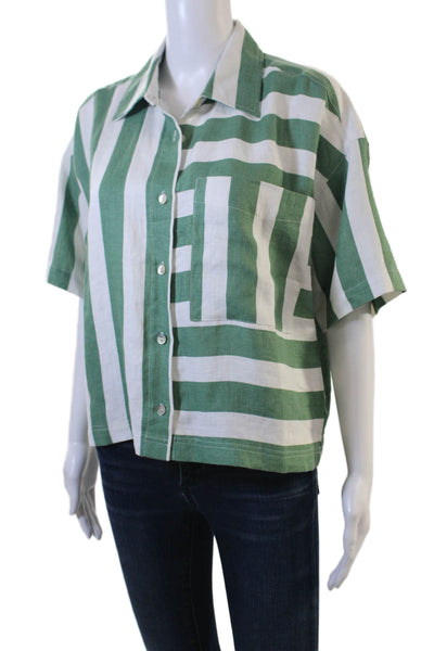 Electric & Rose Women Cropped Button-Up Green Linen Short Sleeve Size XS