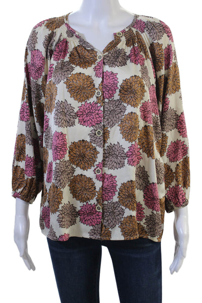 Tucker Women Beige Floral Tunic Blouse Button-Up 3/4 Sleeve Round Neck Size S