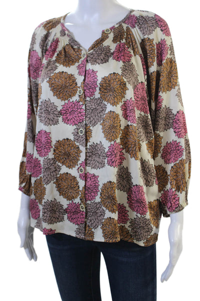 Tucker Women Beige Floral Tunic Blouse Button-Up 3/4 Sleeve Round Neck Size S