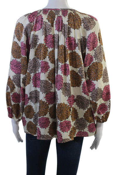 Tucker Women Beige Floral Tunic Blouse Button-Up 3/4 Sleeve Round Neck Size S