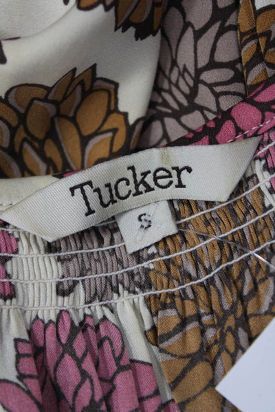 Tucker Women Beige Floral Tunic Blouse Button-Up 3/4 Sleeve Round Neck Size S