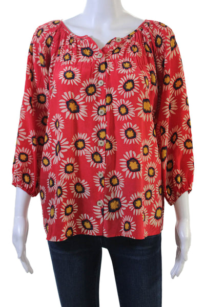 Tucker Women Tunic Red Floral Silk Button 3/4 Sleeve Size S