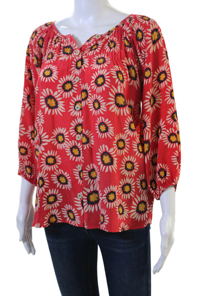 Tucker Women Tunic Red Floral Silk Button 3/4 Sleeve Size S