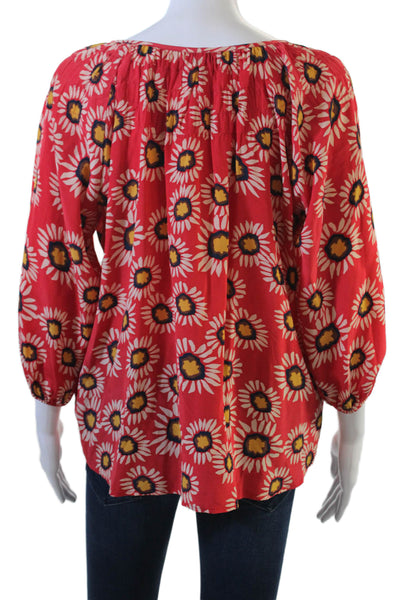 Tucker Women Tunic Red Floral Silk Button 3/4 Sleeve Size S