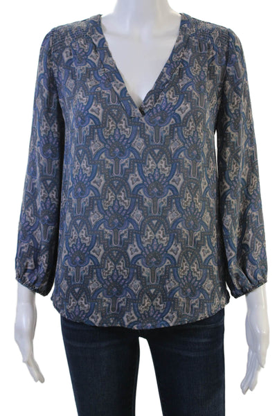 Joie Women Blue Silk Paisley Boho V-Neck Tunic Blouse 3/4 Sleeve Petite Size XS