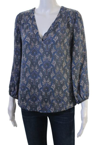 Joie Women Blue Silk Paisley Boho V-Neck Tunic Blouse 3/4 Sleeve Petite Size XS