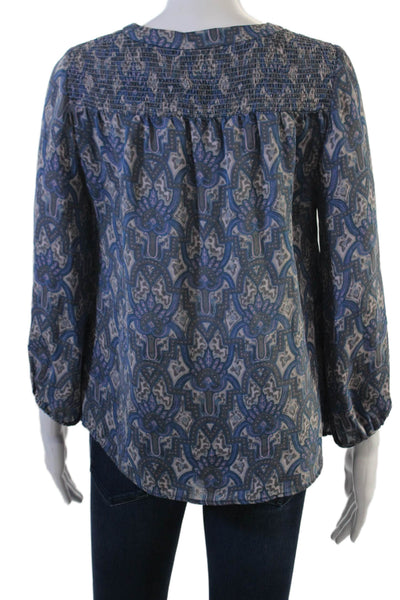 Joie Women Blue Silk Paisley Boho V-Neck Tunic Blouse 3/4 Sleeve Petite Size XS