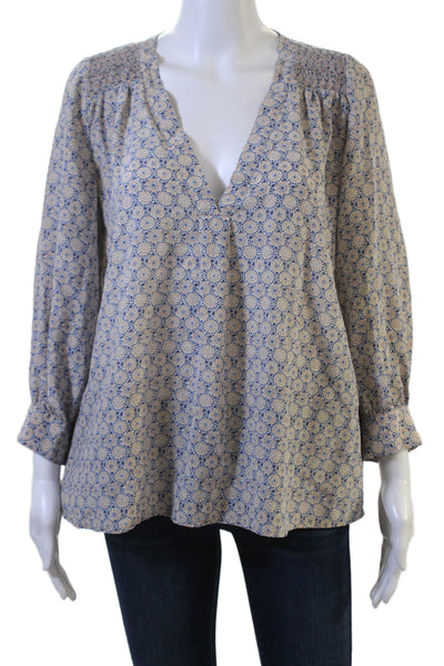 Joie Women Tunic Floral V-Neck 100% Silk Long Sleeve Beige Size S