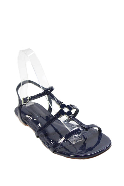Larroude Patent Leather Strappy Sandals Flats Navy Size 6.5