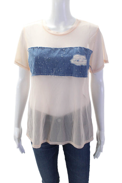 Emma & Sam Women Beige Round Neck Grunge Nylon T-Shirt Size S