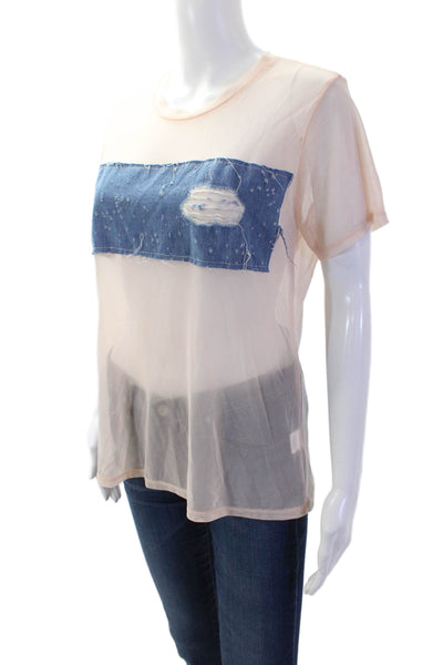Emma & Sam Women Beige Round Neck Grunge Nylon T-Shirt Size S