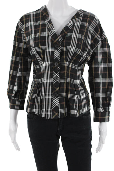 Zara Basic Women Black Plaid V-Neck Button-Up Blouse 3/4 Sleeve Size M