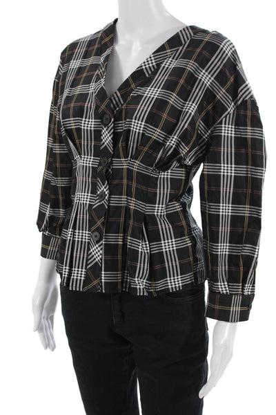 Zara Basic Women Black Plaid V-Neck Button-Up Blouse 3/4 Sleeve Size M