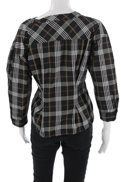 Zara Basic Women Black Plaid V-Neck Button-Up Blouse 3/4 Sleeve Size M