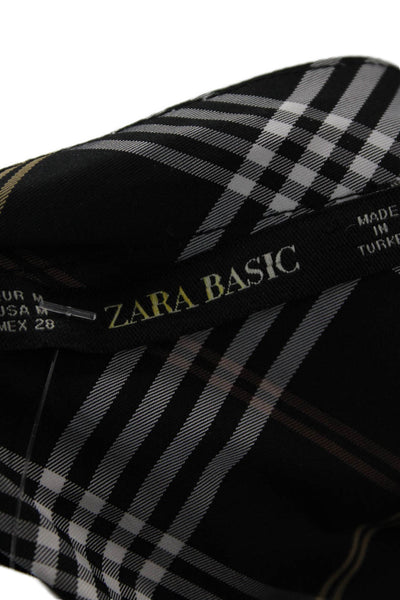 Zara Basic Women Black Plaid V-Neck Button-Up Blouse 3/4 Sleeve Size M