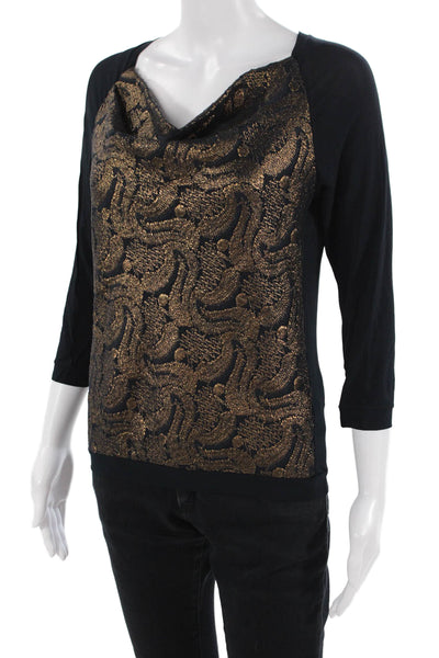 Lida Baday Women Jersey Blouse Black 3/4 Sleeve Geometric Petite Size S