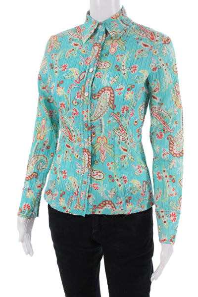 Harolds Women Paisley Button-Up Blouse Blue Long Sleeve Size XS