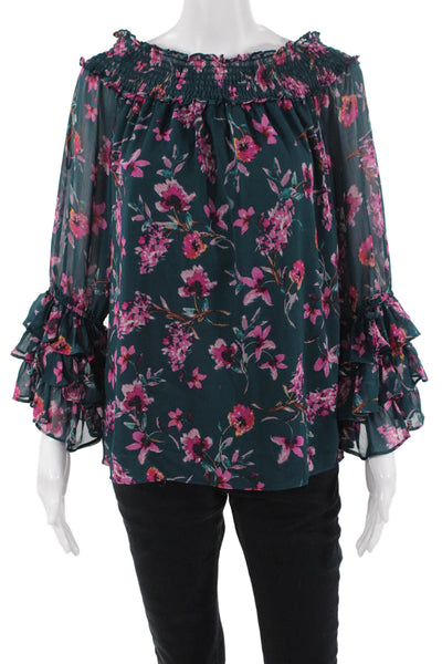 CeCe Women Bohemian Floral Green 3/4 Sleeve Blouse Size L