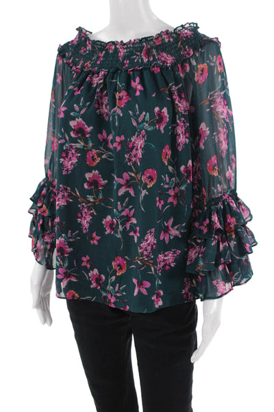 CeCe Women Bohemian Floral Green 3/4 Sleeve Blouse Size L
