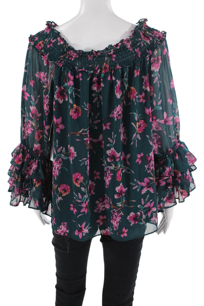 CeCe Women Bohemian Floral Green 3/4 Sleeve Blouse Size L