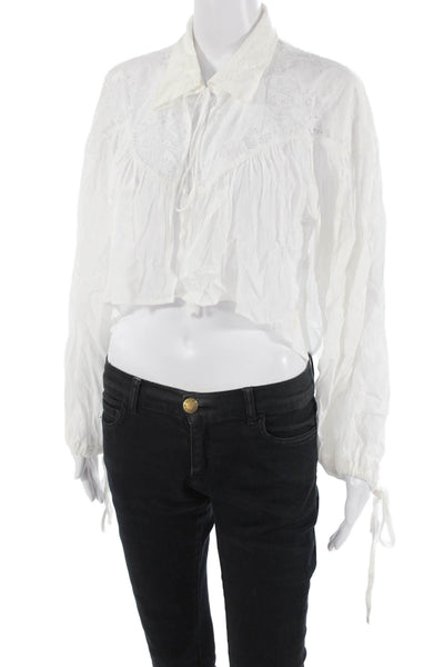 Maeve Anthropologie Womens Cropped Blouse White 3/4 Sleeve Viscose Size One