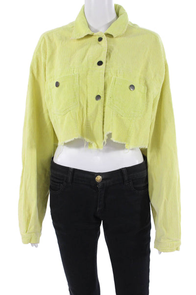 Pol Women Yellow Cotton Long Sleeve Solid Collared Jacket Size L