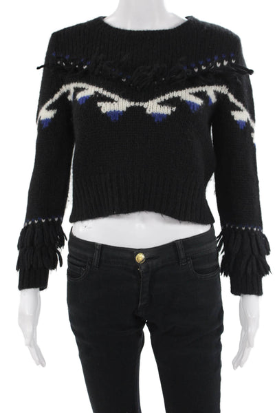 Love Shack Fancy Womens Cardigan Fair Isle Black Baby Alpaca Crew Neck Size M