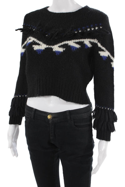 Love Shack Fancy Womens Cardigan Fair Isle Black Baby Alpaca Crew Neck Size M