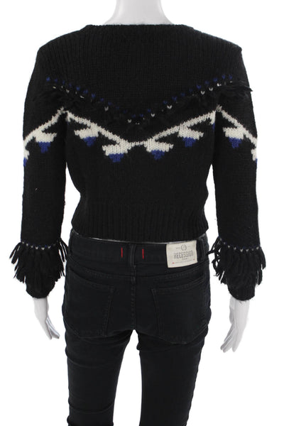 Love Shack Fancy Womens Cardigan Fair Isle Black Baby Alpaca Crew Neck Size M