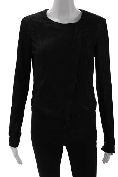 Veda Women Black Leather Motorcycle Jacket Zip Crew Neck Size 0P
