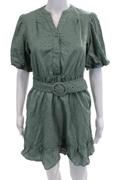 Joie Women Shirt Dress Mini Green High Neck Short Sleeve Cotton Size 2
