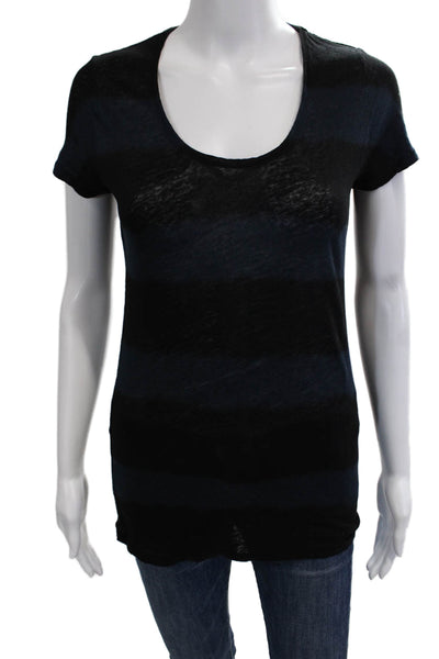 Majestic Paris Women Jersey T-Shirt Black Linen Striped Short Slv Size S
