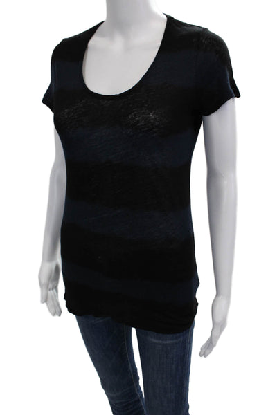 Majestic Paris Women Jersey T-Shirt Black Linen Striped Short Slv Size S