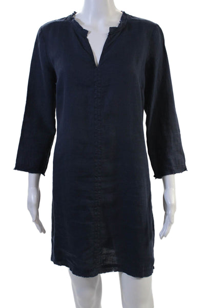 Michael Stars Women Shift Shirt Dress Dark Blue Linen 3/4 Sleeve Size 2